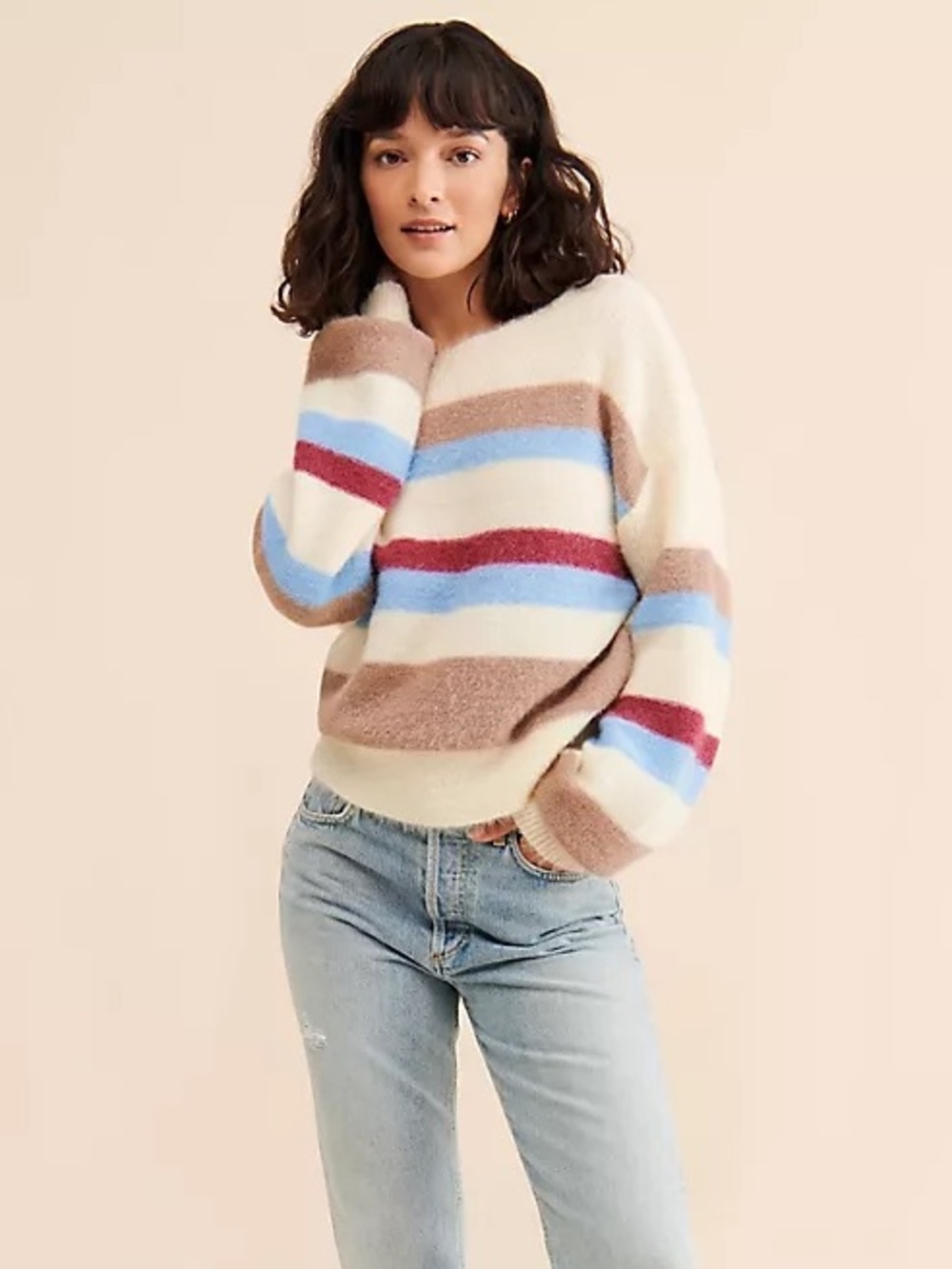 Anthropologie Flat White Fluffy Striped Sweater Size Small